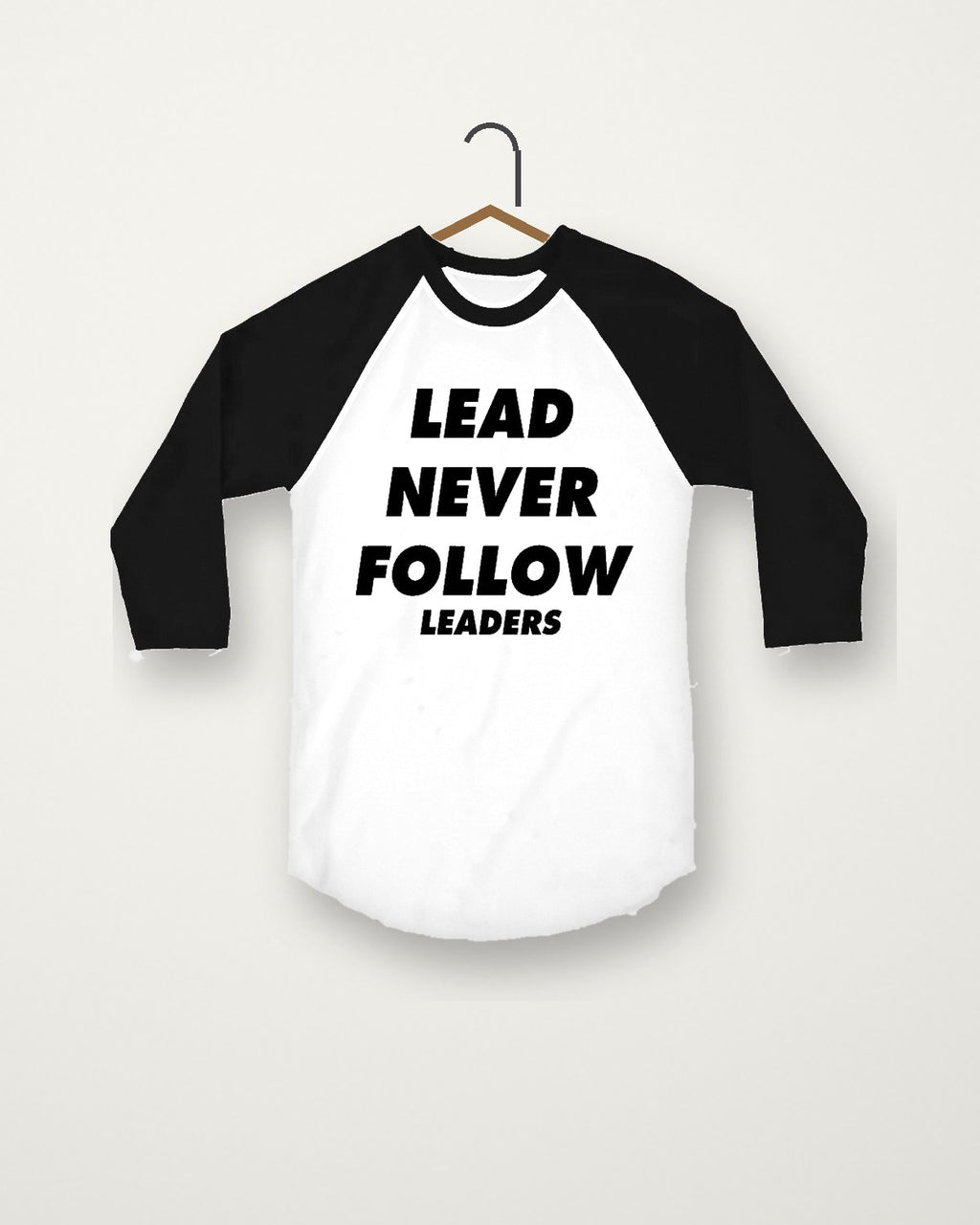 Raglan tee, black sleeves, on a hanger