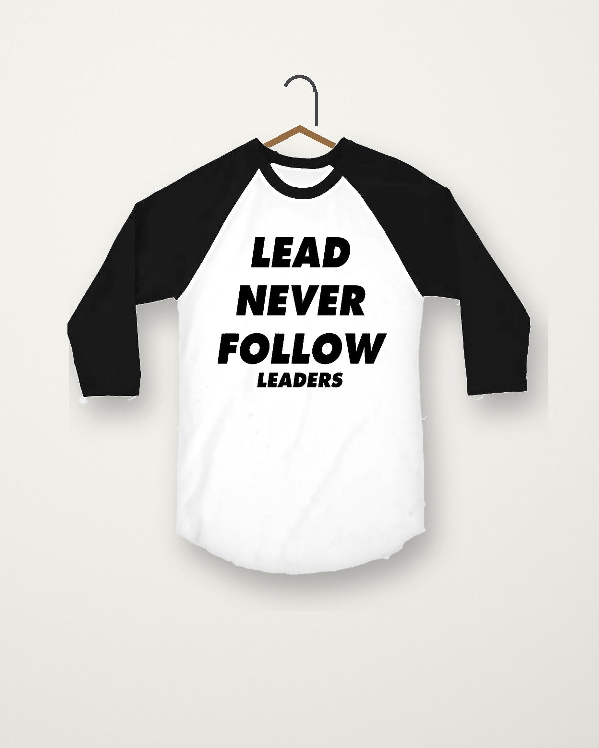 Raglan tee, black sleeves, on a hanger