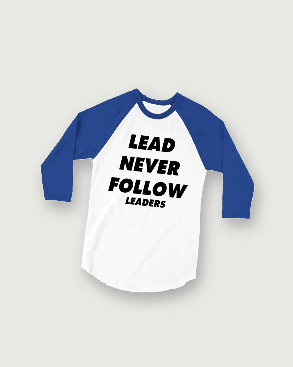 Lead Never Follow Leaders raglan tee with blue sleeves, flat lay
