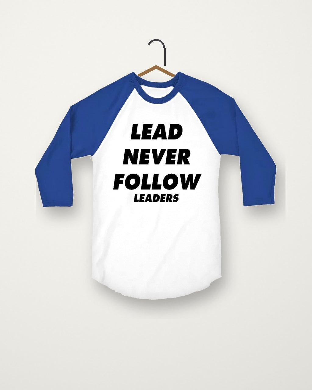Raglan tee, blue sleeves, on a hanger