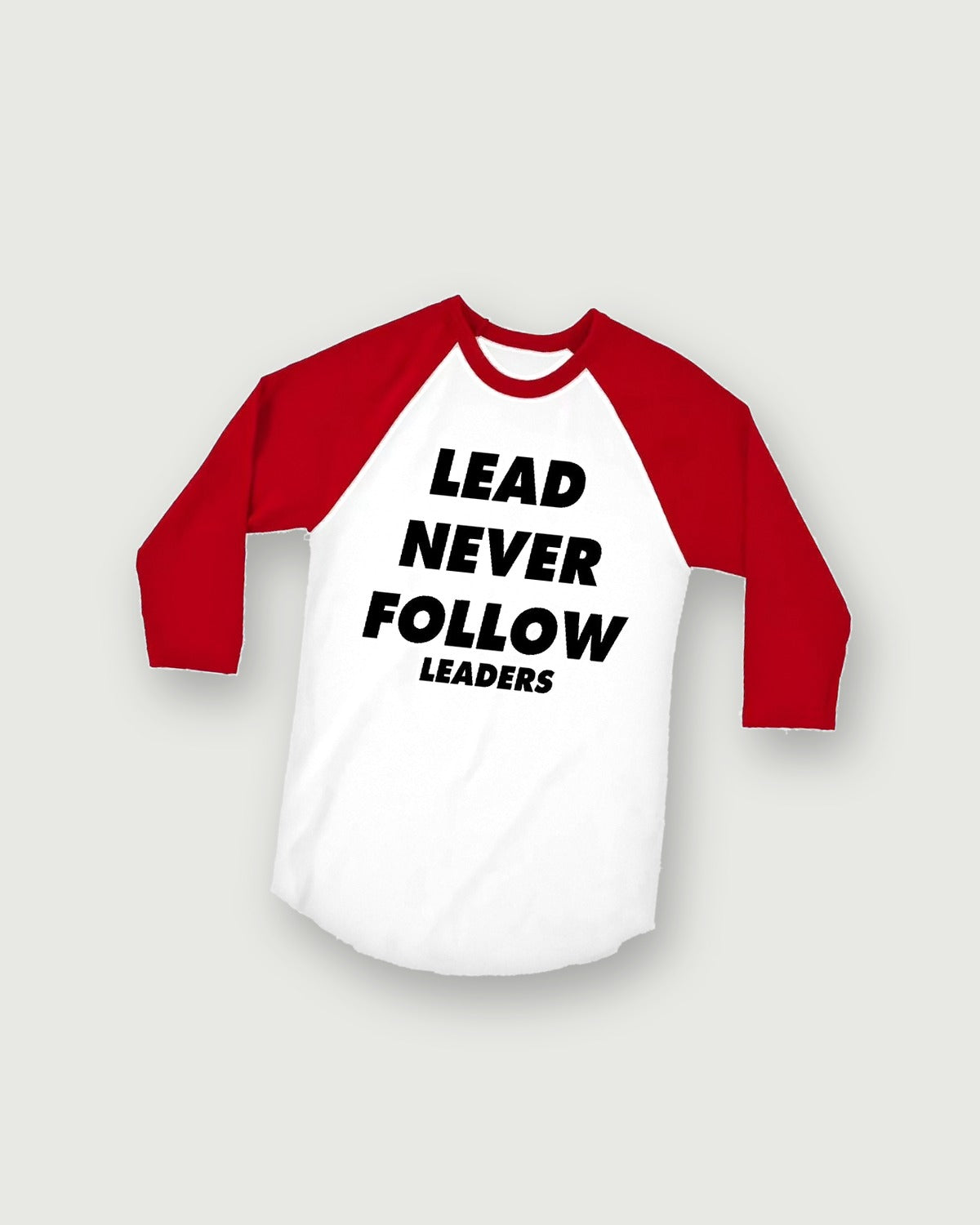 Raglan tee, red sleeves, flat lay