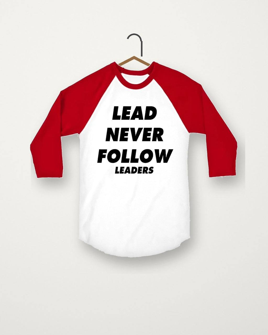Raglan tee, red sleeves, on a hanger