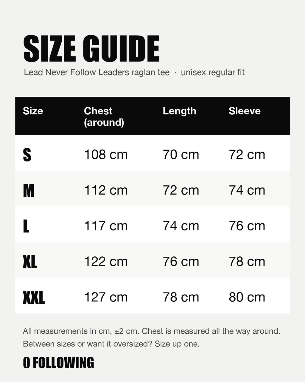 Size guide: chest, length and sleeve in cm for sizes S to XXL