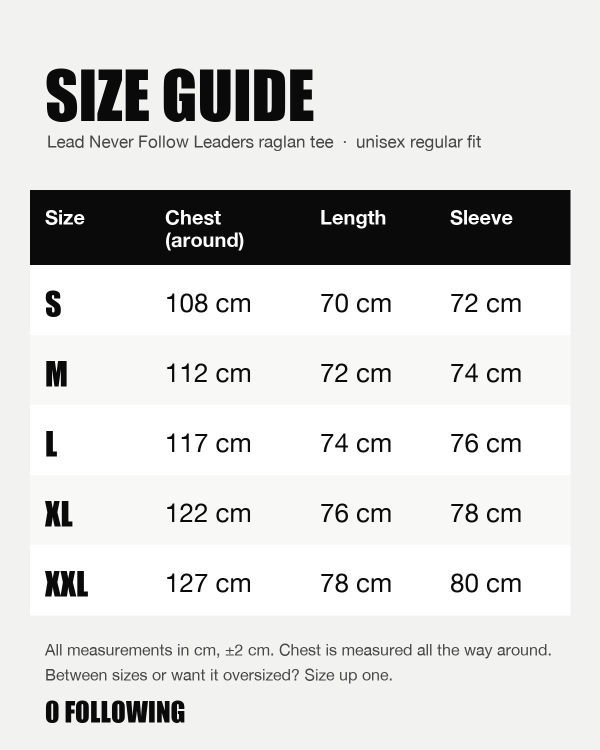 Size guide: chest, length and sleeve in cm for sizes S to XXL